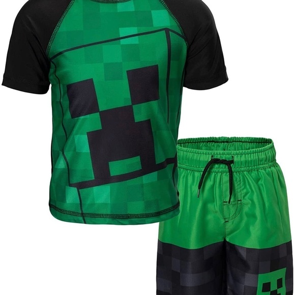 𝅺Boys Minecraft Rash Guard & Swim Trunks Set
